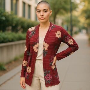 Charlotte Russe open cardigan, burgundy, floral, long sleeve handkerchie…